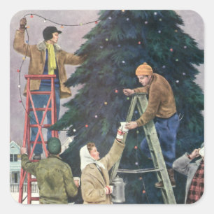 Vintage Christmas, Family Stringing Lights on Tree Square Sticker