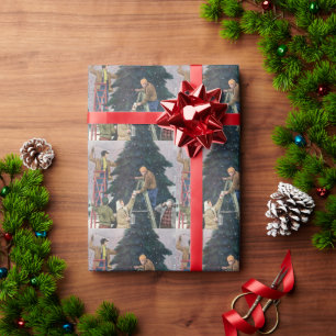 Vintage Christmas, Family Stringing Lights on Tree Wrapping Paper