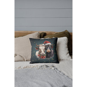 Vintage Christmas Farm Cows Throw Pillow