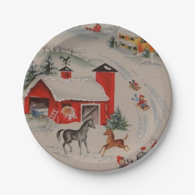 Vintage Christmas farm Holiday party plate (Front)
