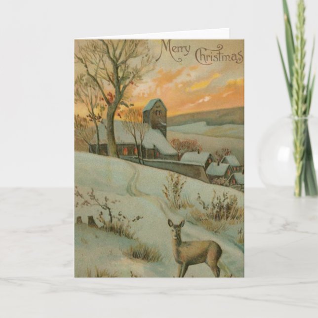 Vintage Christmas Farm with Deer Holiday Card (Front)