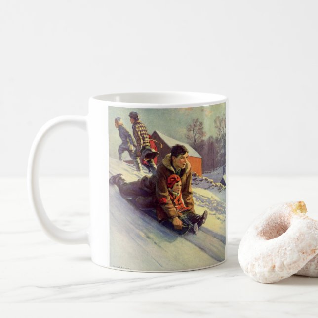 Vintage Christmas, Father and Daughter Sledding Coffee Mug (With Donut)
