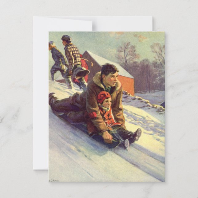 Vintage Christmas, Father and Daughter Sledding Holiday Card (Front)
