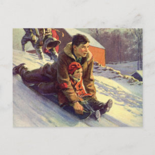 Vintage Christmas, Father and Daughter Sledding Holiday Postcard