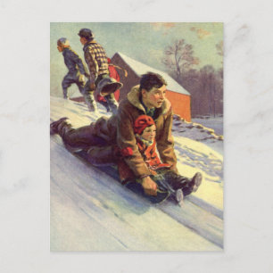 Vintage Christmas, Father and Daughter Sledding Holiday Postcard