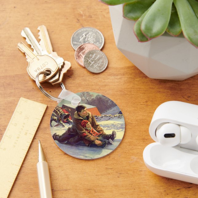 Vintage Christmas, Father and Daughter Sledding Keychain (Desk)