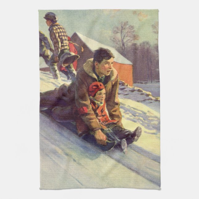 Vintage Christmas, Father and Daughter Sledding Kitchen Towel (Vertical)