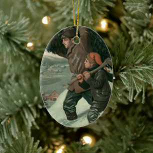 Vintage Christmas, Father and Son Cut Down aTree Ceramic Ornament
