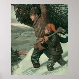 Vintage Christmas, Father and Son Cut Down aTree Poster