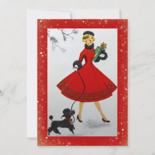 Vintage Christmas Femme Chien Red Gold Carte de va