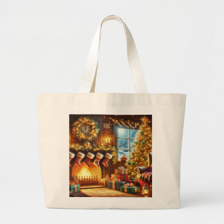Vintage Christmas fireplace in a winter wonderland Large Tote Bag