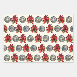 Vintage Christmas Floral and House Wrapping Paper Sheet