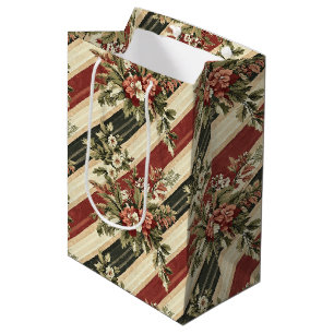 Vintage Christmas Floral Striped (1) Medium Gift Bag