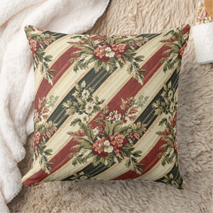 Vintage Christmas Floral Striped (1) Throw Pillow