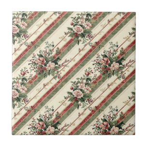 Vintage Christmas Floral Striped (3) Tile