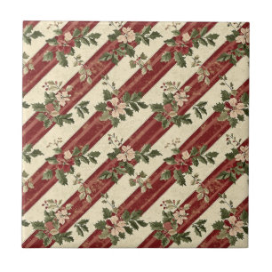 Vintage Christmas Floral Striped (5) Tile