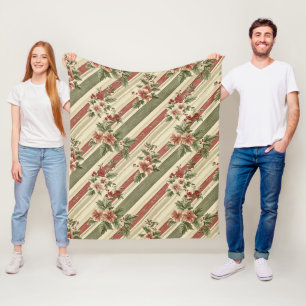 Vintage Christmas Floral Striped (6) Fleece Blanket