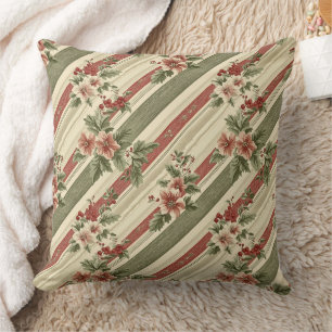 Vintage Christmas Floral Striped (6) Throw Pillow