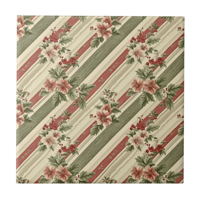 Vintage Christmas Floral Striped (6) Tile (Front)