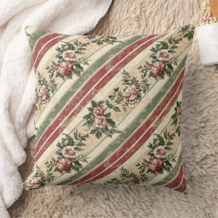 Vintage Christmas Floral Striped (7) Throw Pillow
