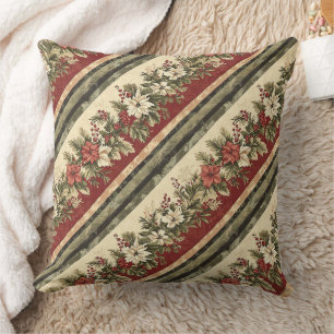 Vintage Christmas Floral Striped (8) Throw Pillow