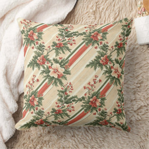 Vintage Christmas Floral Striped (9) Throw Pillow