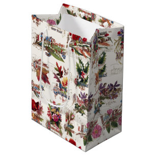 Vintage Christmas Floral w/Music and Ornate Text Medium Gift Bag