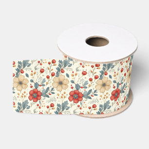 Vintage Christmas Floral with Holly & Red Berries  Grosgrain Ribbon