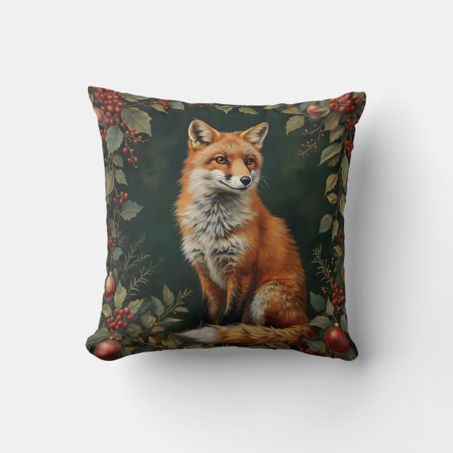 Vintage Christmas Fox with Botanical Accent Throw Pillow (Front)