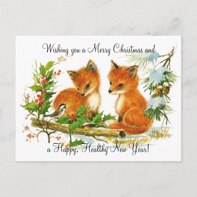 Vintage Christmas Foxes Holiday Postcard (Front)