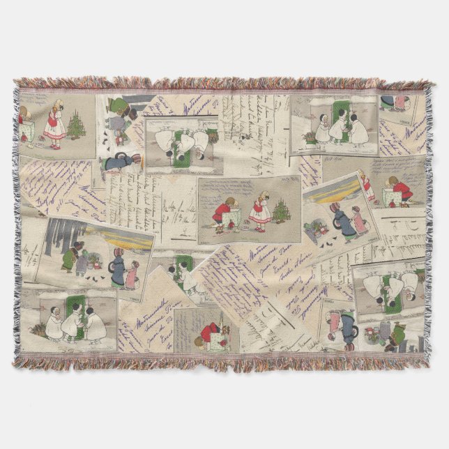 Vintage Christmas French Snow Girls Postcard Throw Blanket (Front)