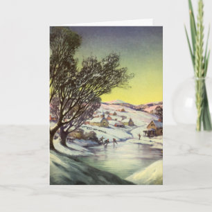 Vintage Christmas, Frozen Lake with Ice Skaters Holiday Card
