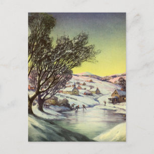 Vintage Christmas, Frozen Lake with Ice Skaters Holiday Postcard