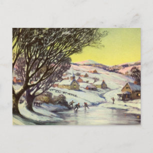 Vintage Christmas, Frozen Lake with Ice Skaters Holiday Postcard