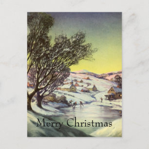 Vintage Christmas, Frozen Lake with Ice Skaters Holiday Postcard