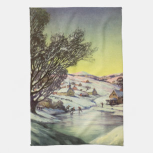 Vintage Christmas, Frozen Lake with Ice Skaters Kitchen Towel