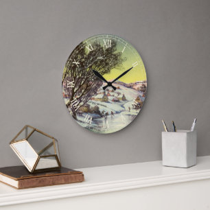 Vintage Christmas,  Frozen Lake with Ice Skaters Large Clock