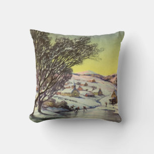 Vintage Christmas, Frozen Lake with Ice Skaters Throw Pillow