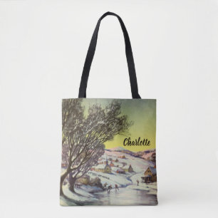 Vintage Christmas, Frozen Lake with Ice Skaters Tote Bag