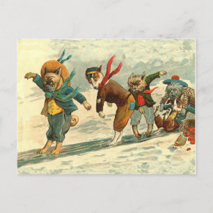 Vintage Christmas fun dogs dog snowball fight Holiday Postcard