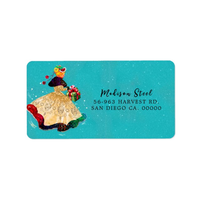 Vintage Christmas gift box gold glitter girl  Label (Front)