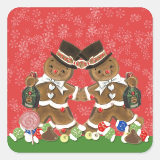 Vintage Christmas Gingerbread Men Hats & Bottlle Square Sticker (Front)