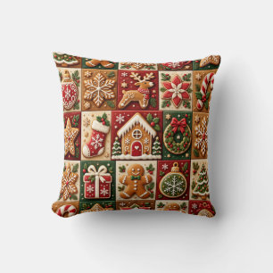 Vintage Christmas Gingerbread Patchwork Holiday Pa Throw Pillow