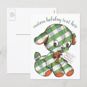 Vintage Christmas Gingham Puppy Dog Stuffed Animal Holiday Postcard