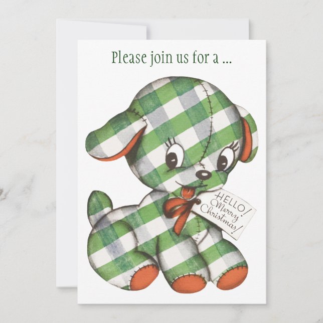 Vintage Christmas Gingham Puppy Party Invitation (Front)