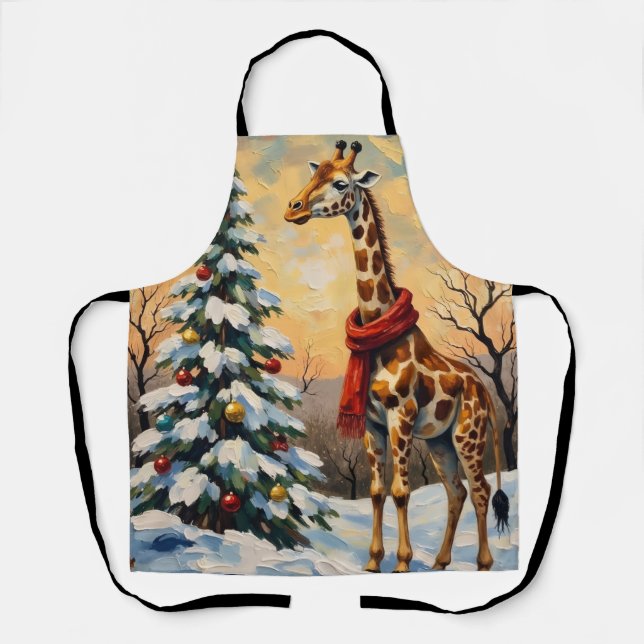 Vintage Christmas Giraffe in Snowy Savanna Apron (Front)