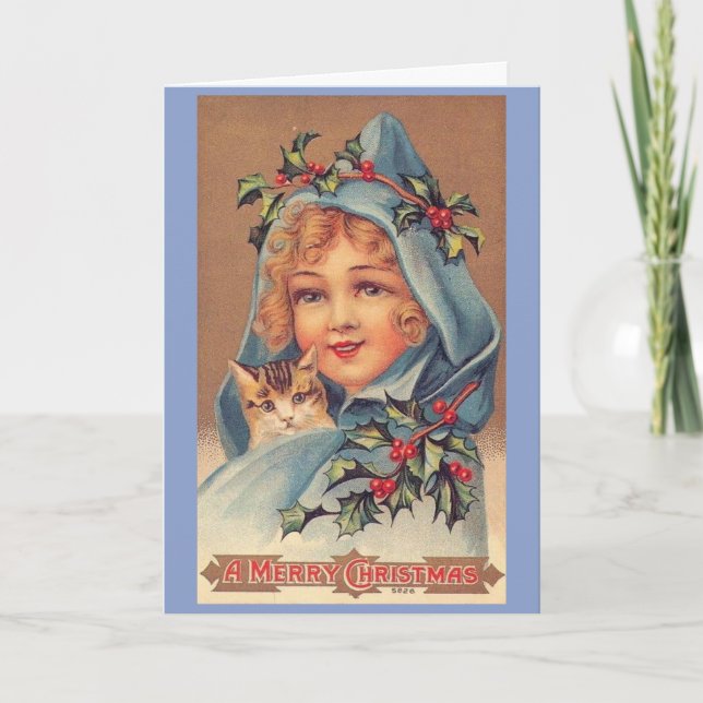 Vintage Christmas - Girl and Her Kitten, Holiday Card (Front)
