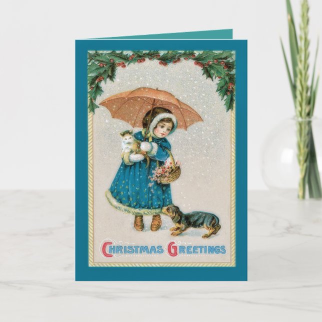 Vintage Christmas Girl and Pets Card (Front)