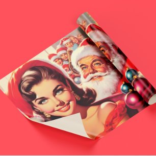 Vintage Christmas Girl and Santa Claus Wrapping Paper