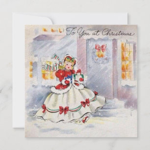 Vintage Christmas Girl Bringing Presents Holiday Card